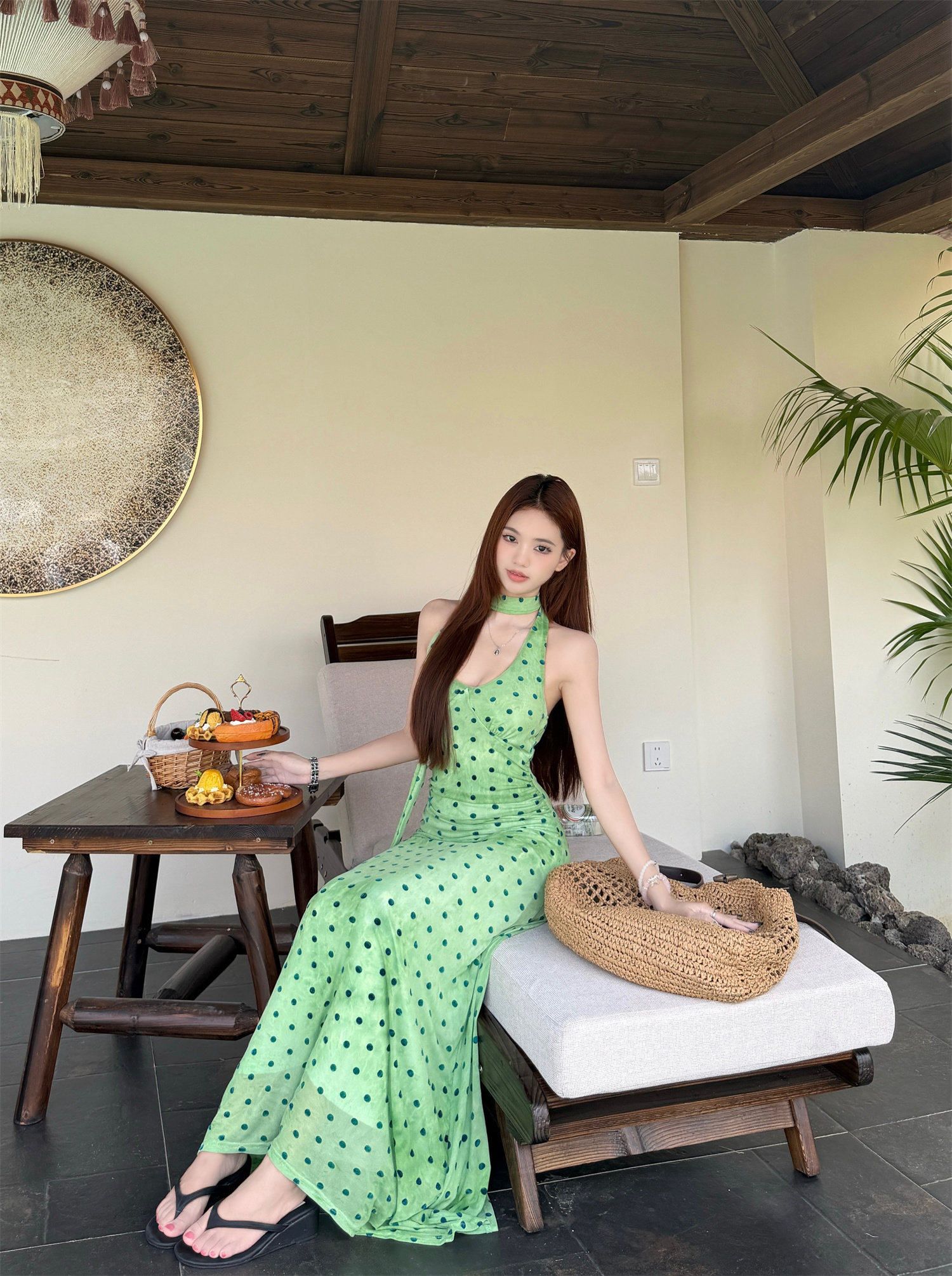 프랑스식 도트 무늬 리본 행침 목 드레스 여성 의류 여름 품격 녹색 치마 허리 수축 타이트 스커트 휴가 롱 스커트