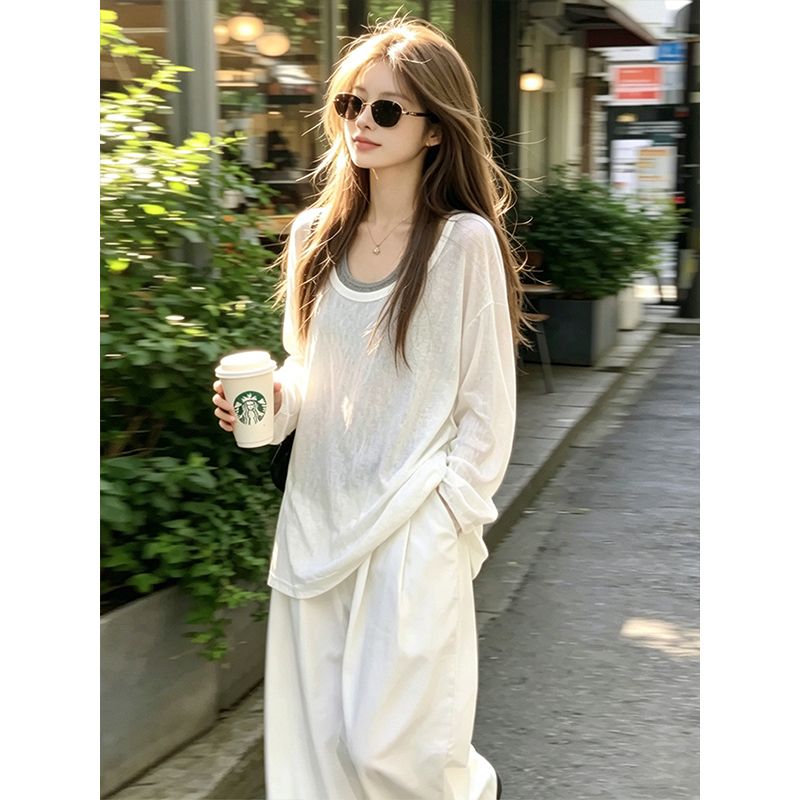 주간 실크 리브 빅 사이즈 루즈핏 느긋한 바람 긴팔 티셔츠 여성 여름 새로운 블라우스 코디 투피스 조끼