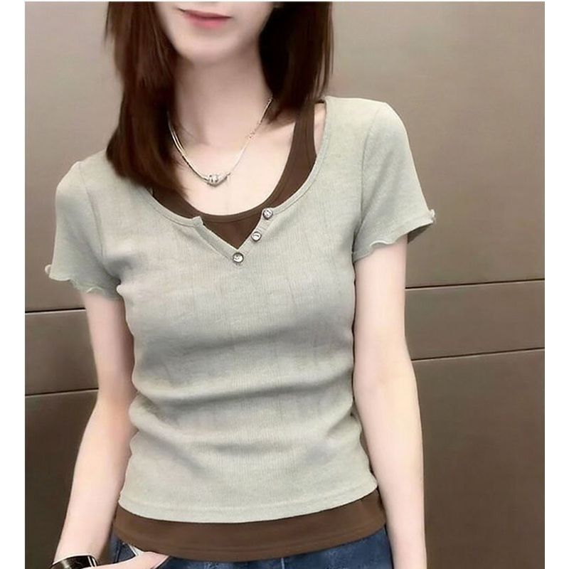 40 차가운 실크 차가운 면 1 1 리브 빅 사이즈 2026 여름 한 페이크 레이어드 반팔 여성 몸매 가꾸기 슬림해 보이는 맨위
