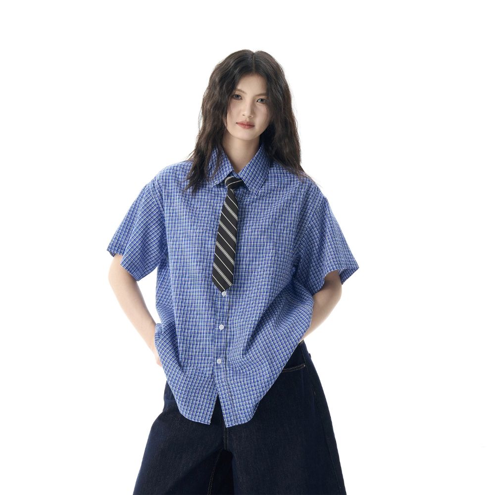 아메리칸 레트로 파란색 체크무늬 반팔 셔츠 남녀 고급 센스 캐주얼 루즈핏 커플 셔츠 맨위