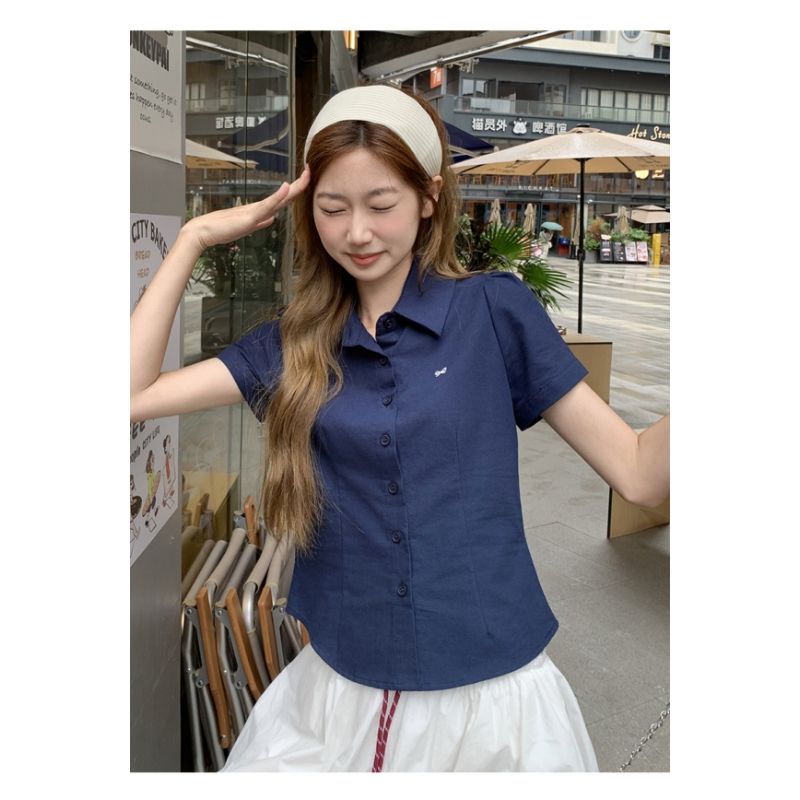 면 린넨 여름 단색 나비 매듭 자수 POLO 칼라 여성 셔츠 새로운 학원 스타일 일상 다용도 슬림해 보이는 맨위