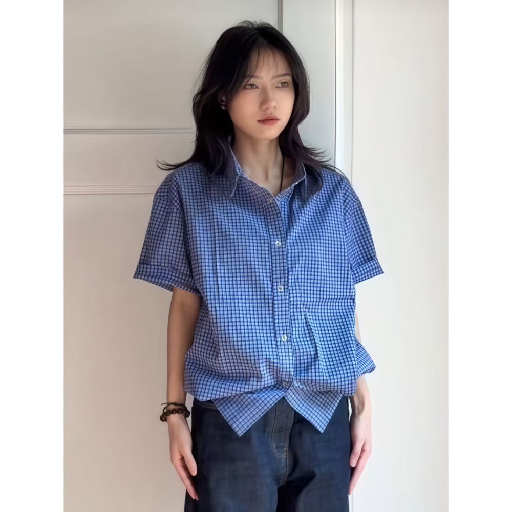 아메리칸 vintage 파란색 체크무늬 반팔 여성 셔츠 여름 루즈핏 고급 센스 품격 레트로 다용도 셔츠