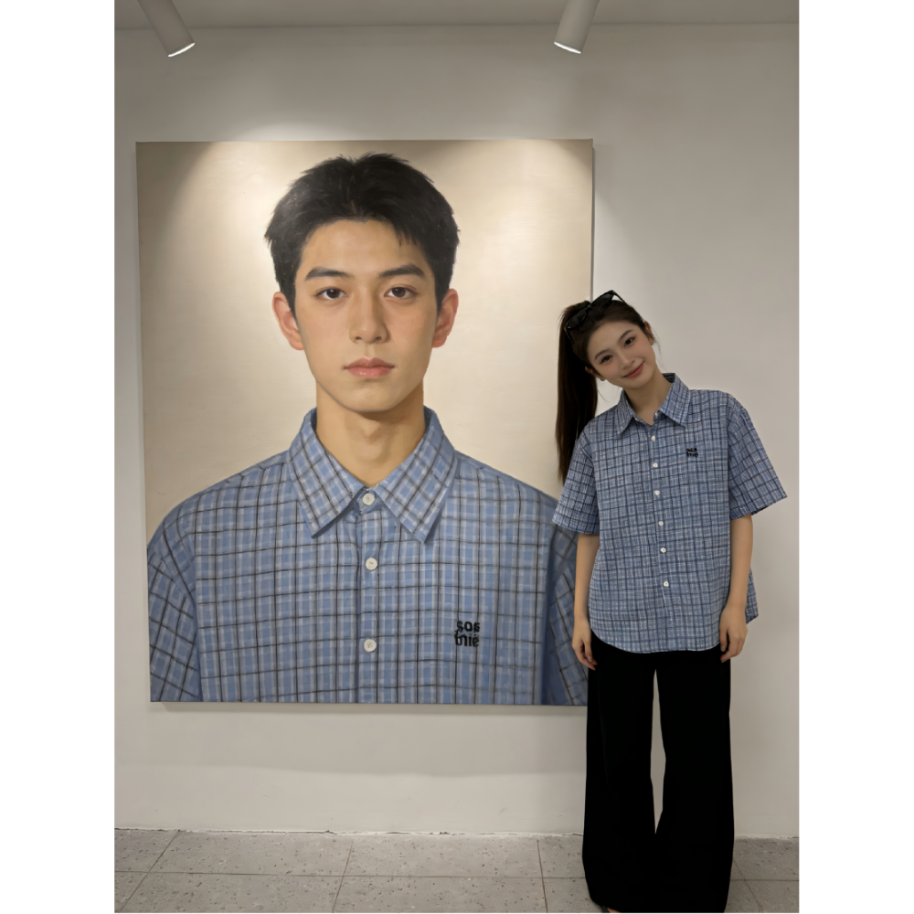 레트로 항구 바람 캐주얼 체크무늬 반팔 출퇴근 셔츠 여성 의류 여름 알파벳 자수 다용도 루즈핏 외출용 셔츠