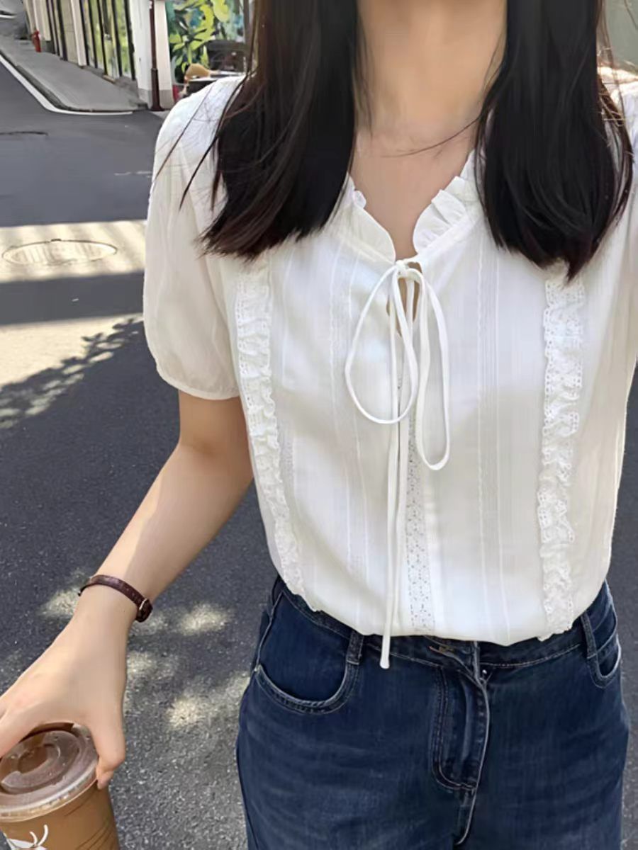 프랑스식 레이스 칼라 레이스업 화이트 여성 셔츠 여름 새로운 고급 센스 부드러운 바람 품격 Chic 반팔 맨위