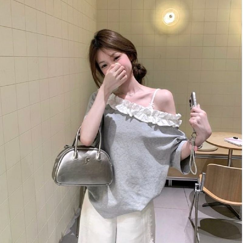 40 모방 면 달콤함 연령 감소 오프숄더 레이스 반팔 티셔츠 여성 회색 루즈핏 외국 가스 디자인 센스 품격 맨위