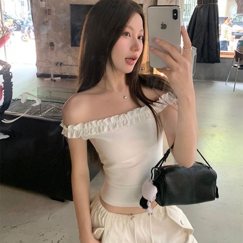 있음 선적 사람들 면 260 그램 순수한 욕망 바람 오프숄더 프릴 섹시함 티셔츠 여성