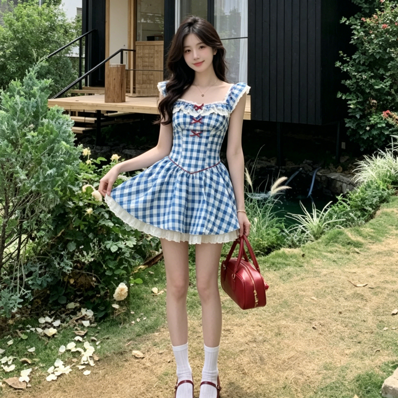 2026 새로운 여름 프랑스식 레트로 파란색 체크무늬 작은 날다 소매 사랑 드레스 고급 센스 퍼프 스커트 여성 트렌디
