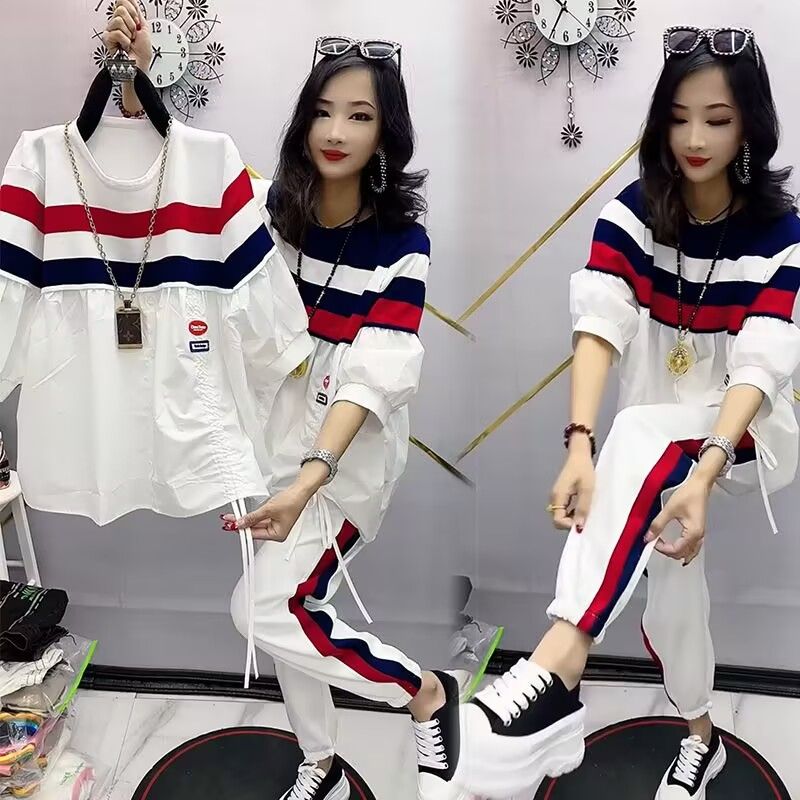 모방 주간 실크 사선 무늬 당겨 프레임 봄 여름 새로운 패션 세트 여성 루즈핏 빅 사이즈 품격 표지 배 투피스 세트