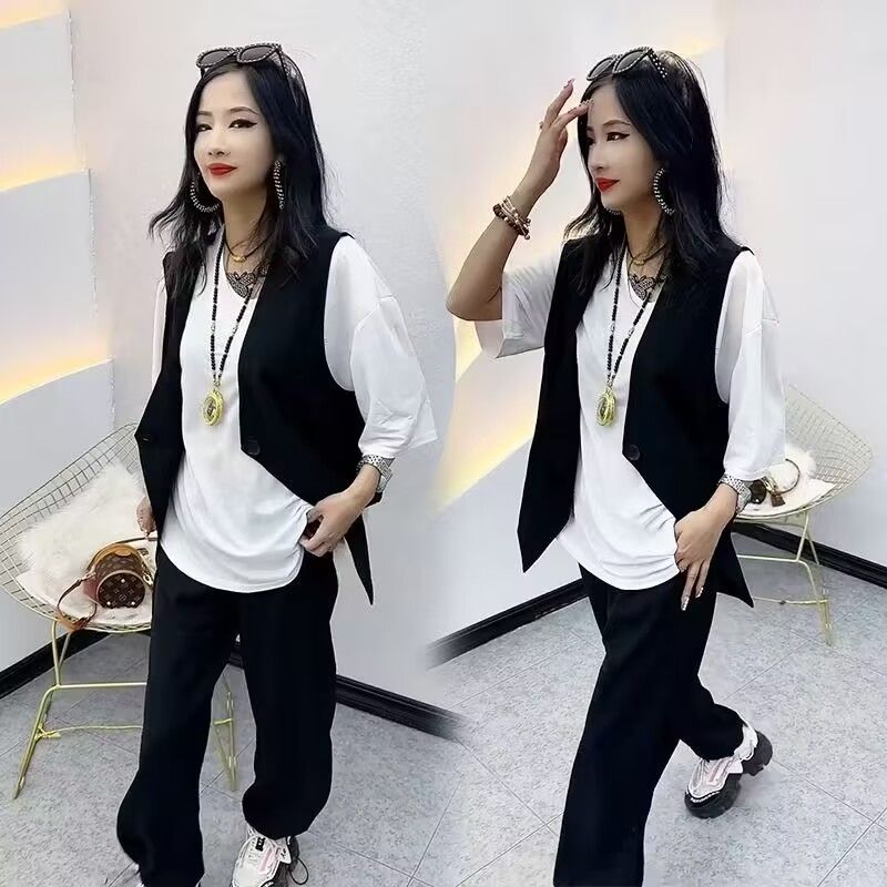 두꺼운 비스듬한 워시 물 면 패션 세트 여성 여름 새로운 외국 가스 루즈핏 반팔 티셔츠 베스트 3종 세트