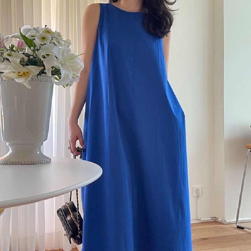 한 부서 chic 여름 레트로 느긋한 바람 라운드 넥 루즈핏 캐주얼 단색 민소매 조끼 원피스 롱 스커트 여성
