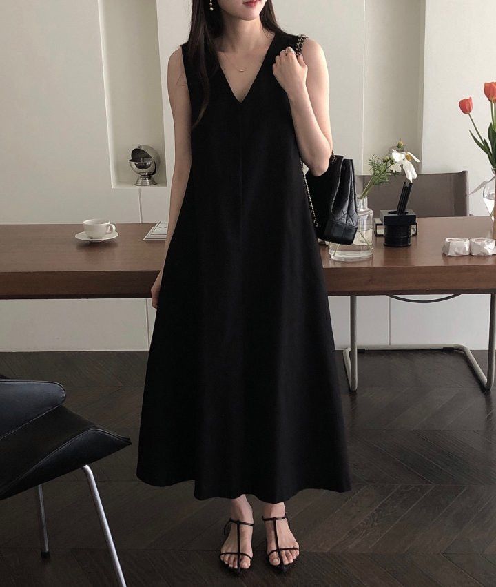 한 부서 chic 여름 프랑스식 레트로 V넥 루즈핏 캐주얼 단색 무릎 아래 롱 코트 민소매 조끼 여성 드레스