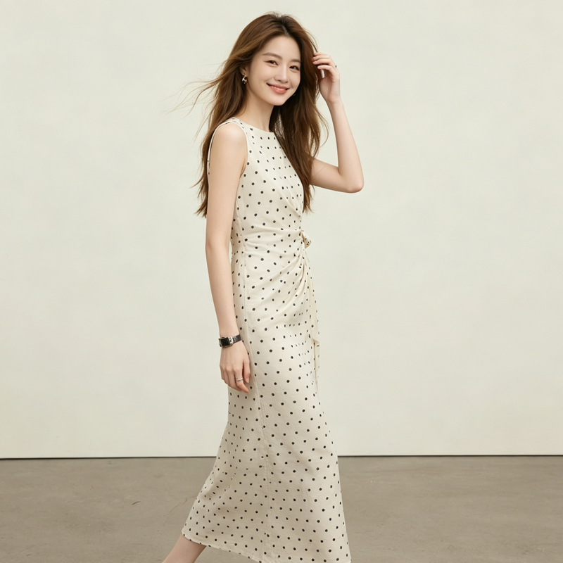프랑스식 고급 센스 면 린넨 민소매 도트 무늬 여성 드레스 레이스업 허리 수축 조끼 스커트 플리츠 품격 무릎 아래 롱 스커트
