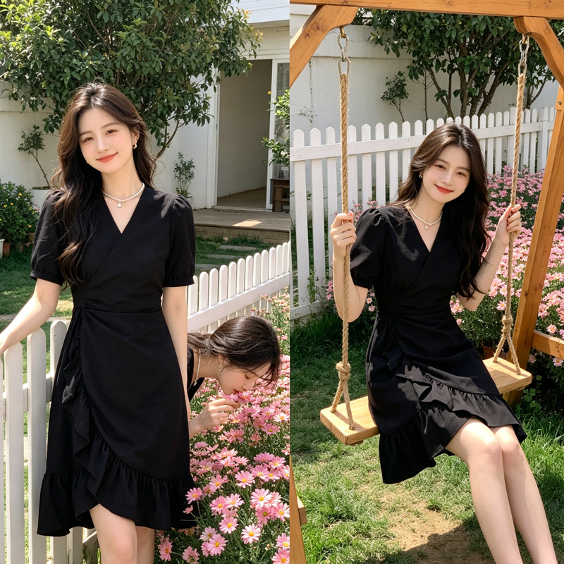 2026 새로운 V넥 거품 소매 허리 수축 슬림해 보이는 프릴 데이트 미니 스커트 트렌디 품격 검정색 여성 드레스 여름