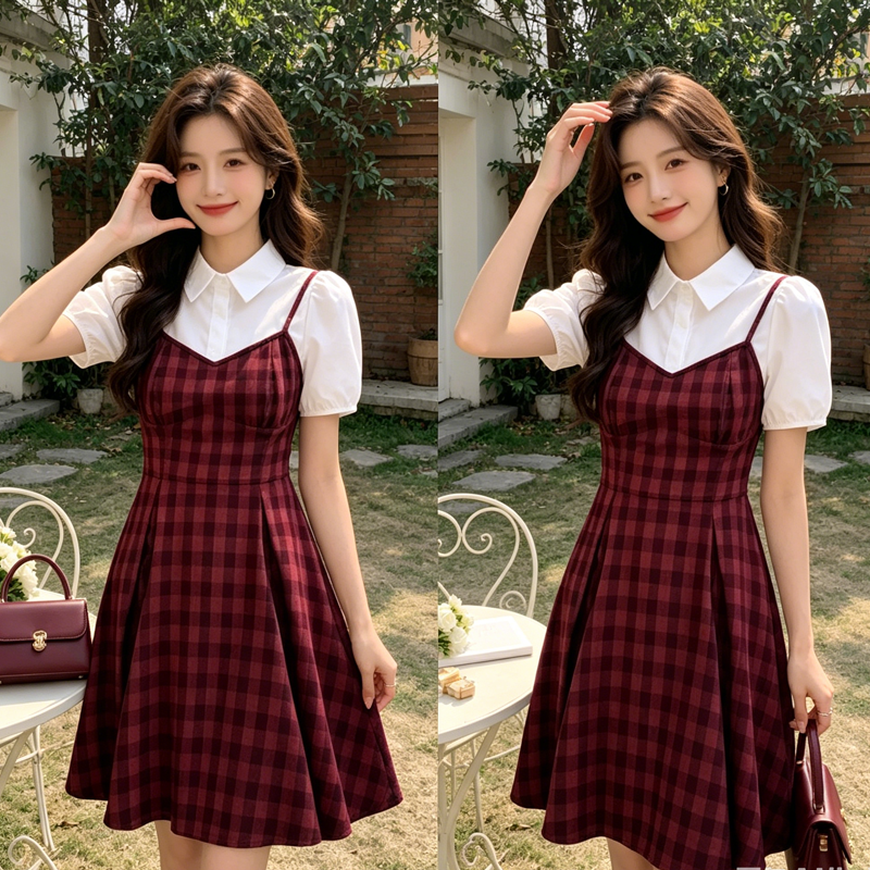 페이크 레이어드 거품 소매 체크무늬 슬립 여성 드레스 여름 작은 대중 디자인 고급 센스 품격 허리 수축 짧은 치마