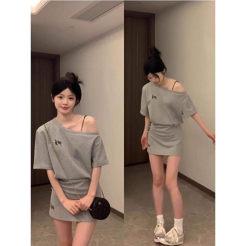 모방 면 사선 무늬 당겨 프레임 스포츠 슈트 여성 여름 루즈핏 패션 반팔 미니 스커트 품격 캐주얼 투피스 세트