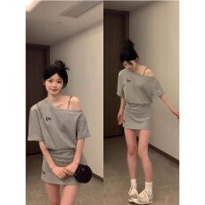 批发【仿棉斜纹拉架】<b class='q'>运动</b>套装女夏季宽松时尚<b class='q'>短袖</b>短裙气质休闲两件套