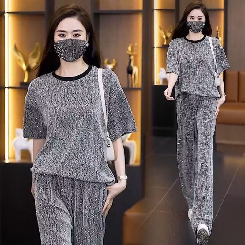 대나무 마디 은사 패션 고급 센스 세트 여성 여름 새로운 루즈핏 반팔 와이드 레그 팬츠 캐주얼 투피스 세트