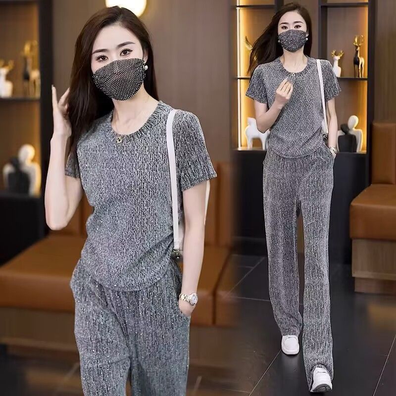 대나무 마디 은사 캐주얼 세트 여성 여름 새로운 루즈핏 패션 광택 실 슬림해 보이는 반팔 와이드 레그 팬츠 투피스 세트