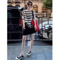 批发三三斜+仿棉】休闲套装女时尚条纹<b class='q'>短袖</b>t恤女宽松夏季半身裙两件套