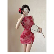 批发夏季新款纯欲红色性无袖感连衣裙设计显身材辣妹国风旗袍显瘦裙子