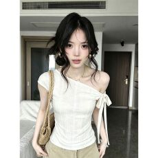 批发原版竹节棉】白色斜肩短袖<b class='q'>T</b><b class='q'>恤</b><b class='q'>女</b>夏新款2026修身显瘦露肩上衣