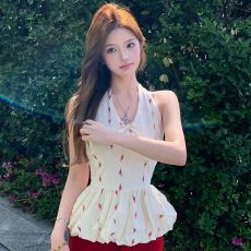 批发甜美碎花挂脖V领<b class='q'>吊带</b><b class='q'>背心</b>女夏季新款辣妹外穿收腰显瘦无袖小上衣