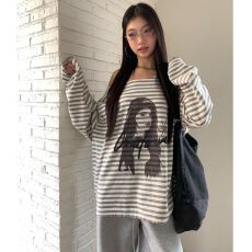 批发原版做法】<b class='q'>新款</b>斜肩宽松条纹长袖t恤印花烫钻上衣