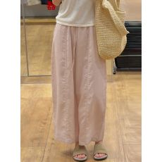 立体腰粉色亚麻阔腿裤女夏薄新款抽绳小个子宽松显瘦休闲九分裤