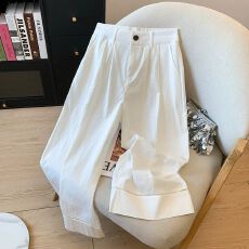 批发白色亚麻苎麻阔腿裤女夏季高腰垂感老钱风直筒宽松<b class='q'>棉麻</b><b class='q'>西装</b>休闲裤