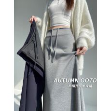 批发260纯棉曼巴棉-原版工序】半身裙女<b class='q'>秋</b>新款高腰直筒开叉垂坠感卫裙