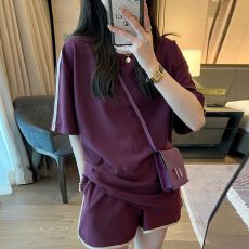 批发拼色运动短裤套装女2025新款夏装休闲短袖T恤<b class='q'>时尚</b>两件套装