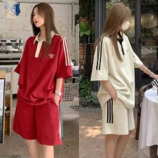 批发仿棉休闲运动套装女夏季宽松大码学生<b class='q'>时尚</b>中袖POLO衫短裤两件套