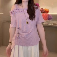 批发法式纯欲风不规则斜领露肩<b class='q'>T</b><b class='q'>恤</b>女2026夏季减龄设计感浪漫短袖上衣