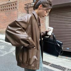 批发复古棕色皮衣女短款2026<b class='q'>春</b>秋季小个子韩版宽松皮夹克帅气机车外套