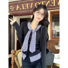 批发韩系学院风气质<b class='q'>甜美</b>格纹拼接假两件设计感修身显瘦绝美洋气上衣女