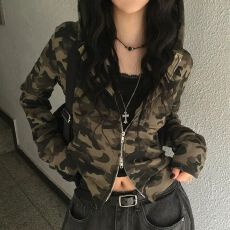 批发韩系复古甜酷辣妹迷彩双拉链连帽修身长袖开衫上衣外套