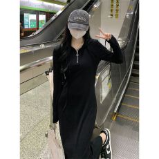 批发【后包边】法式连帽长袖<b class='q'>连衣裙</b>秋季气质显瘦打底长裙