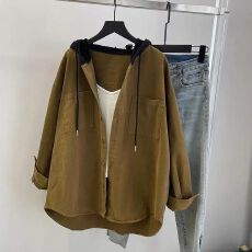 批发胖MM新款宽松大码复古休闲连帽衬衫女春秋季中长款百搭外套ins潮