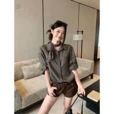批发【原版品质-棉麻布】军绿色中袖衬衫秋季宽松休闲通勤长袖衬衣