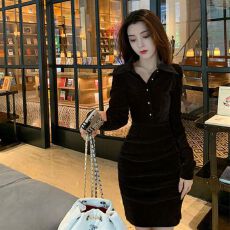批发小香风金丝绒连衣裙女春秋2026新款高级收腰显瘦气质包臀<b class='q'>短裙</b>高级