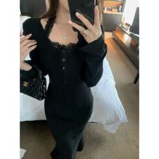 批发秋<b class='q'>冬</b>新款配大衣内搭打底裙女气质显瘦蕾丝拼接连衣裙修身鱼尾长裙