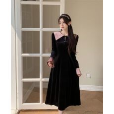 批发大码撞色长袖复古丝绒连衣裙秋季新款女装胖mm高腰显瘦甜美长裙子