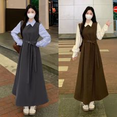 批发大码胖mm假两件气质翻领拼接高级感显瘦长款连衣裙女2026新款春装