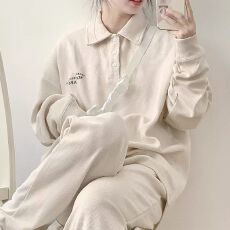 批发少年感运动服套装女春秋盐系炸街华夫格Polo领薄款卫衣休闲两件套