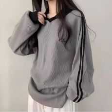 批发原版做工】秋学院风撞色POLO领双杠简约宽松中长款长袖T恤女上衣