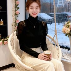 批发设计感网纱高领长袖T恤潮秋冬巨好看轻熟气质修身打底衫女装上衣