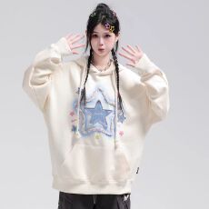 批发设计感小众贴布星星连帽卫衣女秋冬新款宽松美式慵懒chic情侣外套
