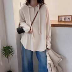 批发原版做工】连帽半拉链打底衫女春秋欧货美拉德胖妹妹长袖T恤上衣