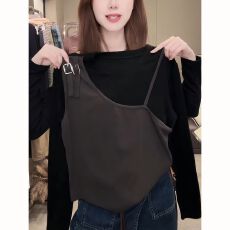 批发设计感拼接假两件长袖T恤女欧货早秋新款修身显瘦洋气上衣