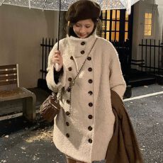 批发双排扣毛毛秋外套女冬季2026新款中长款立领毛茸茸上衣高级感温柔